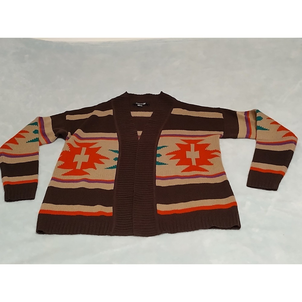 Forever 21 Brown Geometric Aztec Southwestern Knit Cardigan Open Front Womens M